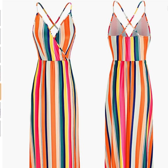 Deep V-Neck Summer Striped Print Split Maxi Dress for Summer Spring Party Beach - Picture 1 of 4